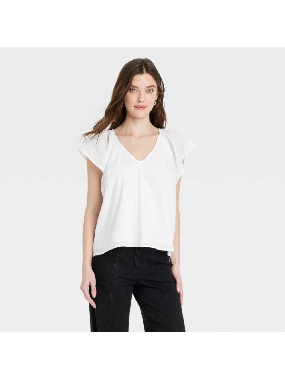 NWT Women's XS Flutter Short Sleeve V-Neck Blouse - White Woven Cotton MSRP $25